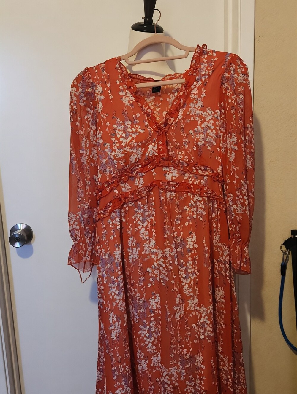 SHEIN Rust Orange Floral Ruffle V-Neck Maxi Dress